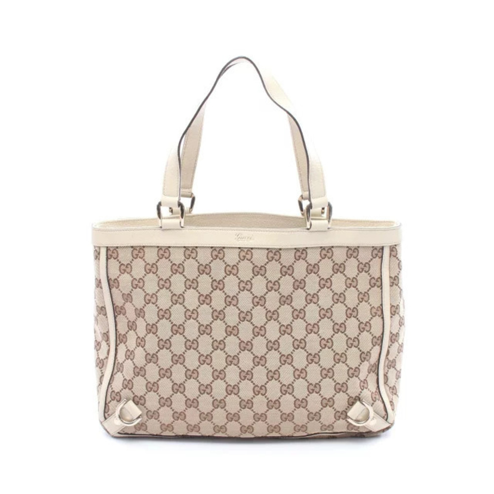 Gucci Abbey GG Canvas Tote Bag Leather Beige Cream Brown Ivory White